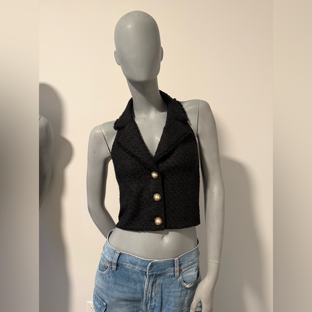 Alice + Olivia Black Sleeveless Vest with Gold Buttons.